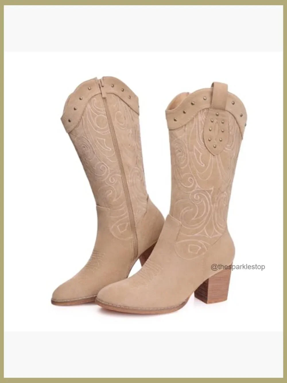 Mid Calf Cowboy Boots with Embroidered Detail & Chunky Heel - Picture 6 of 7